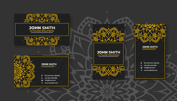 Luxury black business card with yellow mandala decoration designs, Bright floral ornamental elements vector