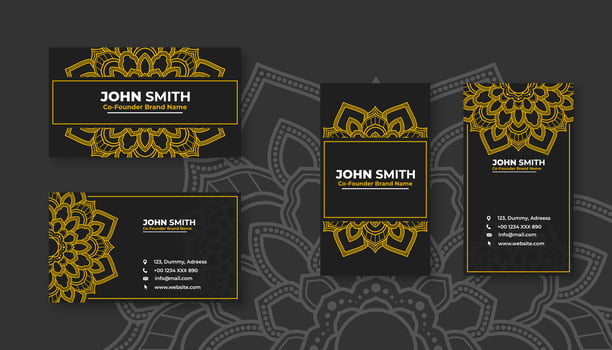 Luxury black business card with yellow mandala decoration designs, Bright floral ornamental elements vector