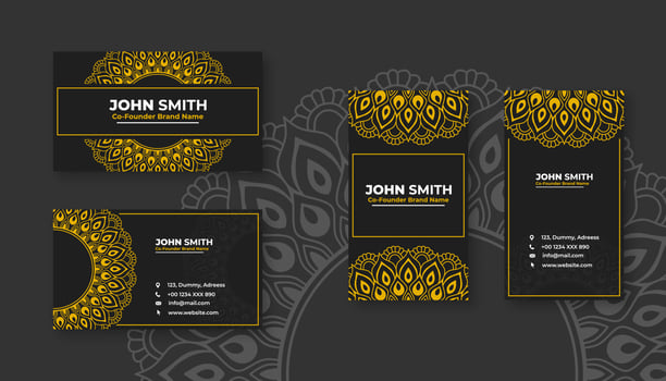 Luxury black business card with yellow mandala decoration designs, Bright floral ornamental elements vector