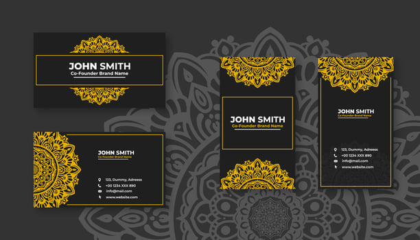 Luxury black business card with yellow mandala decoration designs, Bright floral ornamental elements vector