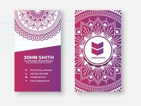 Modern double sided busines card design, Colorful gradient mandala business card design. Bright floral ornamental elements, Indian, Asian, Arabic, Islamic, and ottoman motif, Vector illustration