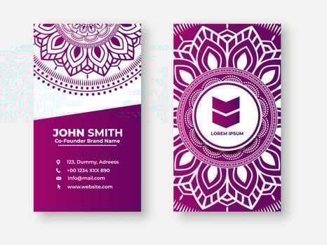 Modern double sided busines card design, Colorful gradient mandala business card design. Bright floral ornamental elements, Indian, Asian, Arabic, Islamic, and ottoman motif, Vector illustration
