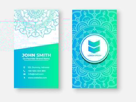 Modern double sided busines card design, Colorful gradient mandala business card design. Bright floral ornamental elements, Indian, Asian, Arabic, Islamic, and ottoman motif, Vector illustration