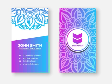 Modern double sided busines card design, Colorful gradient mandala business card design. Bright floral ornamental elements, Indian, Asian, Arabic, Islamic, and ottoman motif, Vector illustration
