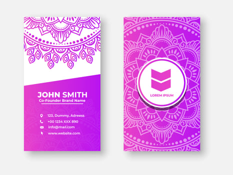 Modern double sided busines card design, Colorful gradient mandala business card design. Bright floral ornamental elements, Indian, Asian, Arabic, Islamic, and ottoman motif, Vector illustration