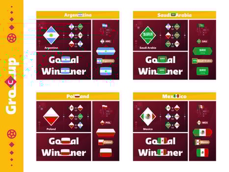 Football 2022 cup Group C argentina, poland, saudi arabia, mexico design media kit graphic collection. 2022 Football cup or Soccer Championship design elements vector set