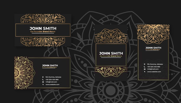 Luxury black business card with golden mandala decoration designs, Bright floral ornamental elements vector