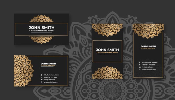 Luxury black business card with golden mandala decoration designs, Bright floral ornamental elements vector