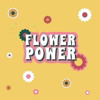 Hippy print, logo with the quote Flower Power. etro sticker design in the style of 1960s, 1970s. vector