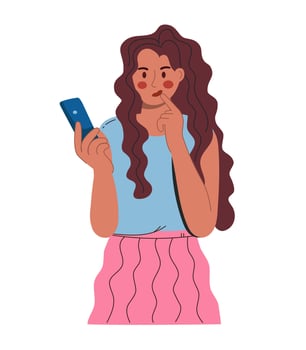 A young beautiful woman looks into a smartphone with a thoughtful face. In a blue blouse and a pink skirt. Vector illustration flat isolated white background