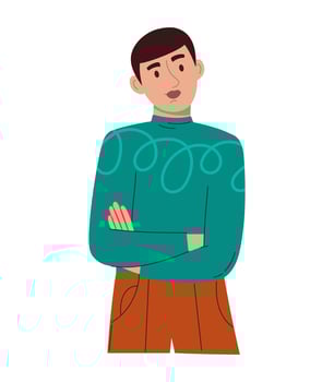 A young handsome man with a thoughtful face. In a green longsleeve and brown trousers. Vector illustration of a flat isolated white background