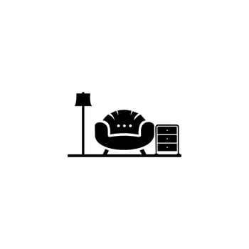 Living room interior with sofa, nightstand, and lamp. Vector illustration in flat style in modern lamp