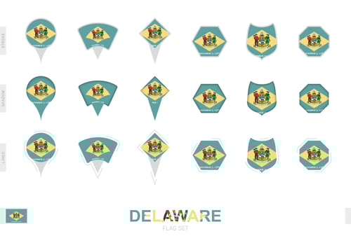 Collection of the Delaware flag in different shapes and with three different effects. vector