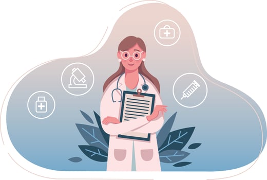 Doctor with statoscope holds outpatient card in her hands. Vector illustration