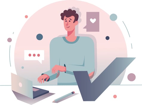 Male designer working on laptop sending message. Vector illustration