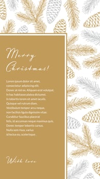 Merry Christmas and Happy New Year vertical invitation template with hand drawn golden evergreen branches and cones on white background. Vector illustration in sketch style
