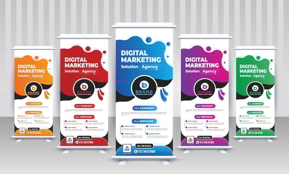 Modern trendy corporate business marketing x stand rollup pullup signage retractable eye catchy gradient multiple color banner design vector template
