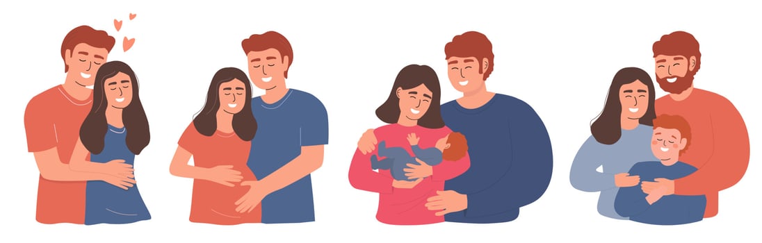 A set of happy family portraits. A young couple is in love, a pregnant woman, a mother and a father with a baby. Vector graphics.