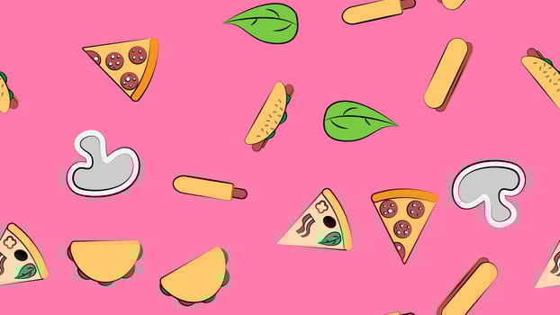 Endless pink seamless pattern from a set of icons of delicious food and snacks items for a restaurant bar cafe pizza, hot dog, burrito, pizza, greens. The background vector