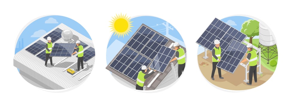 solar cell roof top installation team service symbols concept for factory warehouse house and farm installer ecology green power isometric isolate vector