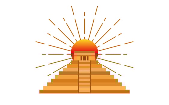 Maya pyramid icon with sacred sun. Temple of Kukulcan, El Castillo pyramid in Chichen Itza flat design, ancient Mayan sacred architecture in Yucatan, Mexico. Vector isolated on white background