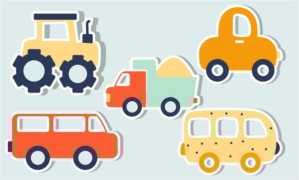 Set of funny transport stickers for kids hand drawn graphic. Vector illustration.
