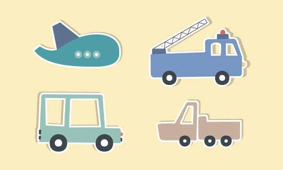 Set of funny transport stickers for kids hand drawn graphic. Vector illustration.
