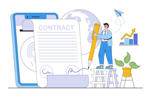 Flat electronic contract with people characters concept. Outline design style minimal vector illustration for landing page, web banner, infographics, hero images.