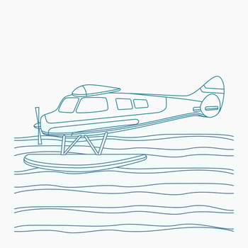 Editable Side View Pontoon Plane Flying Over a Wavy Lake Vector Illustration in Outline Style for Transportation or Recreation Related Design
