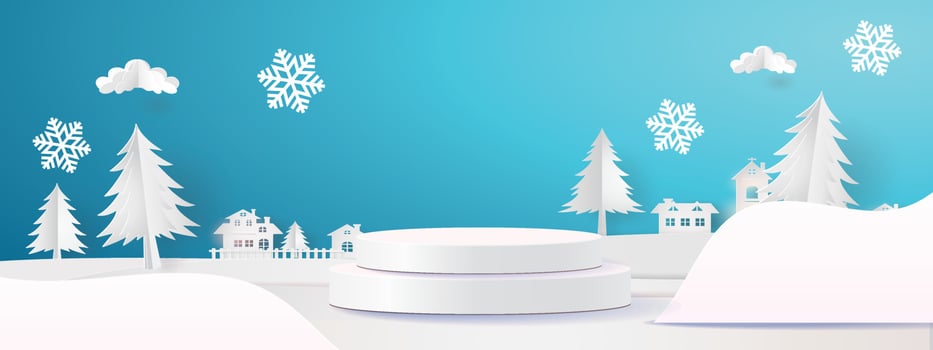Christmas Winter Product podium snowflakes and snow Vector illustration sale product banner forested landscape paper 3d