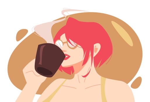 beautiful red hair girl in glasses enjoying coffee. suitable for morning themes, drink, hobby, etc. flat vector illustration