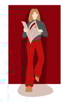 woman reading newspaper while leaning against wall. suitable for the theme of reading, work, hobbies, activities, etc. flat vector illustration