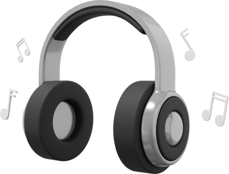 Wireless headphones and flying music notes side view. Gray PNG icon on a transparent background. 3D rendering.