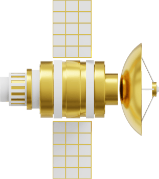 Space satellite with an antenna. Orbital communication station intelligence, research. 3D rendering. Metallic gold PNG icon on transparent background.
