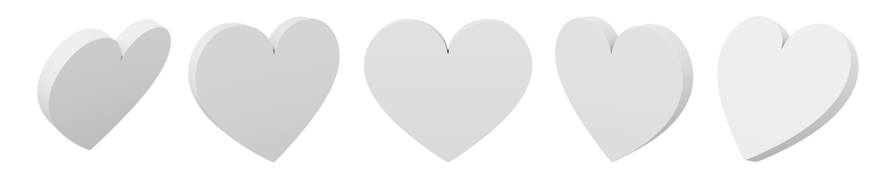 Set of white flat hearts. Views from different sides. 3D rendering. Symbol of love, likes, romance. PNG icon on transparent background.