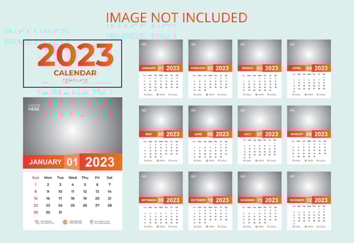 CALENDAR DESIGN 2023, 2023 WALL CALENDAR TEMPLATE, 12 PAGES CALENDAR DESIGN 2023, WALL CALENDAR DESIGN 2023 vector
