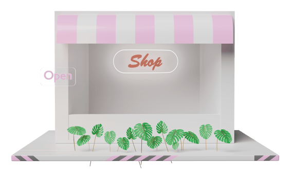 shop store front with leaf monstera, open label tag isolated. Startup franchise business concept, 3d illustration or 3d render png