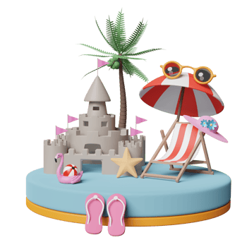 stage podium with sand castle, beach chair, sunglasses, Inflatable flamingo, sandals, palm, summer travel or online shopping summer sale concept, 3d illustration or 3d render png