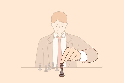 Strategy, leadership and management concept. Young smiling businessman cartoon character sitting and moving chess figure alone feeling confident vector illustration