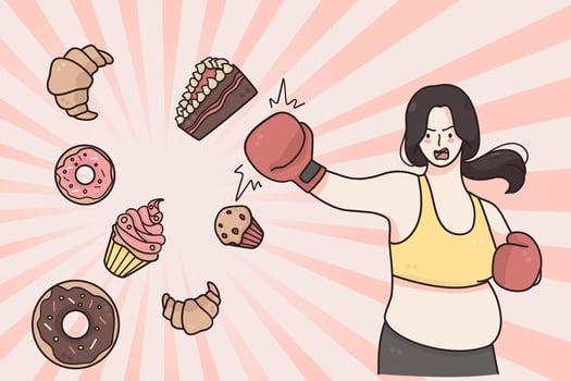 dieta, conceito de estilo de vida saudável de perda de peso. garota gorda em personagem de desenho animado de fantasia de fitness em pé e empurrando comidas rápidas e gordas com as mãos prontas para uma nova ilustração em vetor de estilo de vida saudável