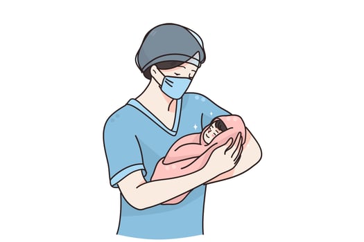 parteira ou médico com conceito de recém-nascido. mulher enfermeira médica ou parteira em máscara médica em pé segurando o bebê recém-nascido nas mãos na ilustração vetorial do hospital de maternidade vetor