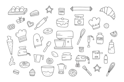 Hand drawn template with baking and cooking equipment. Doodle sketch style illustration. vector
