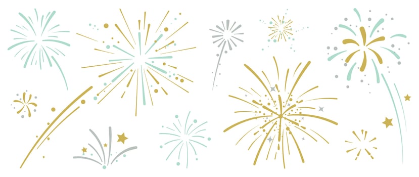 Set of new year firework vector illustration. Collection of golden, light green, grey fireworks on white background. Art design suitable for decoration, print, poster, banner, wallpaper, card, cover.