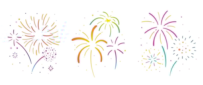 Set of new year festive firework vector illustration. Collection of vibrant colorful fireworks on white background. Art design suitable for decoration, print, poster, banner, wallpaper, card, cover.