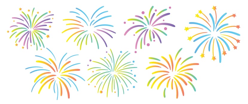 Set of new year festive firework vector illustration. Collection of vibrant colorful fireworks on white background. Art design suitable for decoration, print, poster, banner, wallpaper, card, cover.