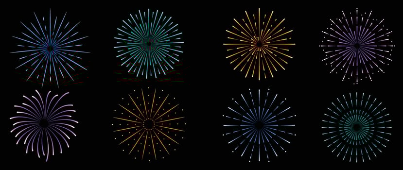 Set of new year firework vector illustration. Collection of glow vibrant colorful fireworks on black background. Art design suitable for decoration, print, poster, banner, wallpaper, card, cover.