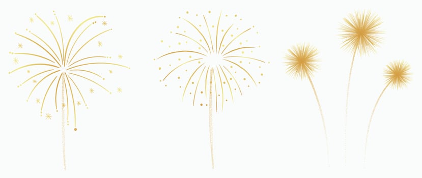 Set of new year festive firework vector illustration. Collection of gradient gold fireworks on white background. Art design suitable for decoration, print, poster, banner, wallpaper, card, cover.