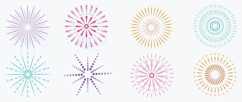 Set of new year festive firework vector illustration. Collection of vibrant colorful fireworks on white background. Art design suitable for decoration, print, poster, banner, wallpaper, card, cover.