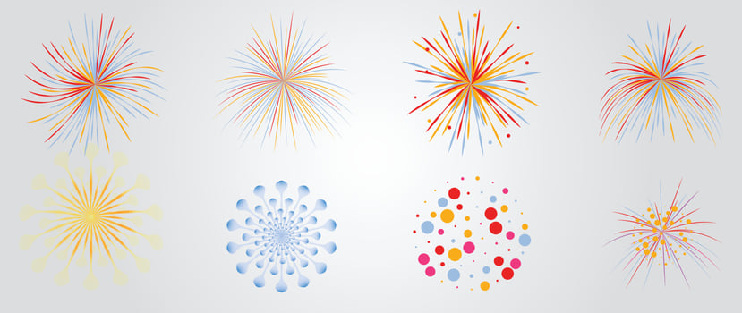 Set of new year firework vector illustration. Collection of vibrant colorful fireworks, line art, burst circle shape. Art design suitable for decoration, print, poster, banner, wallpaper, card, cover.