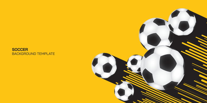 Soccer balls as a comets on yellow background with blank space. Football tournament, soccer, sport poster concept background. vector